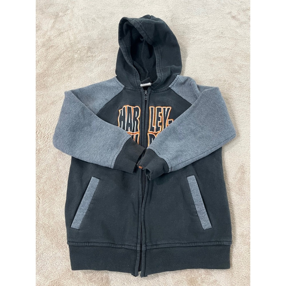 Harley-Davidson Sweatshirt Kids size 6 Black full-zip hooded Embriodered EUC